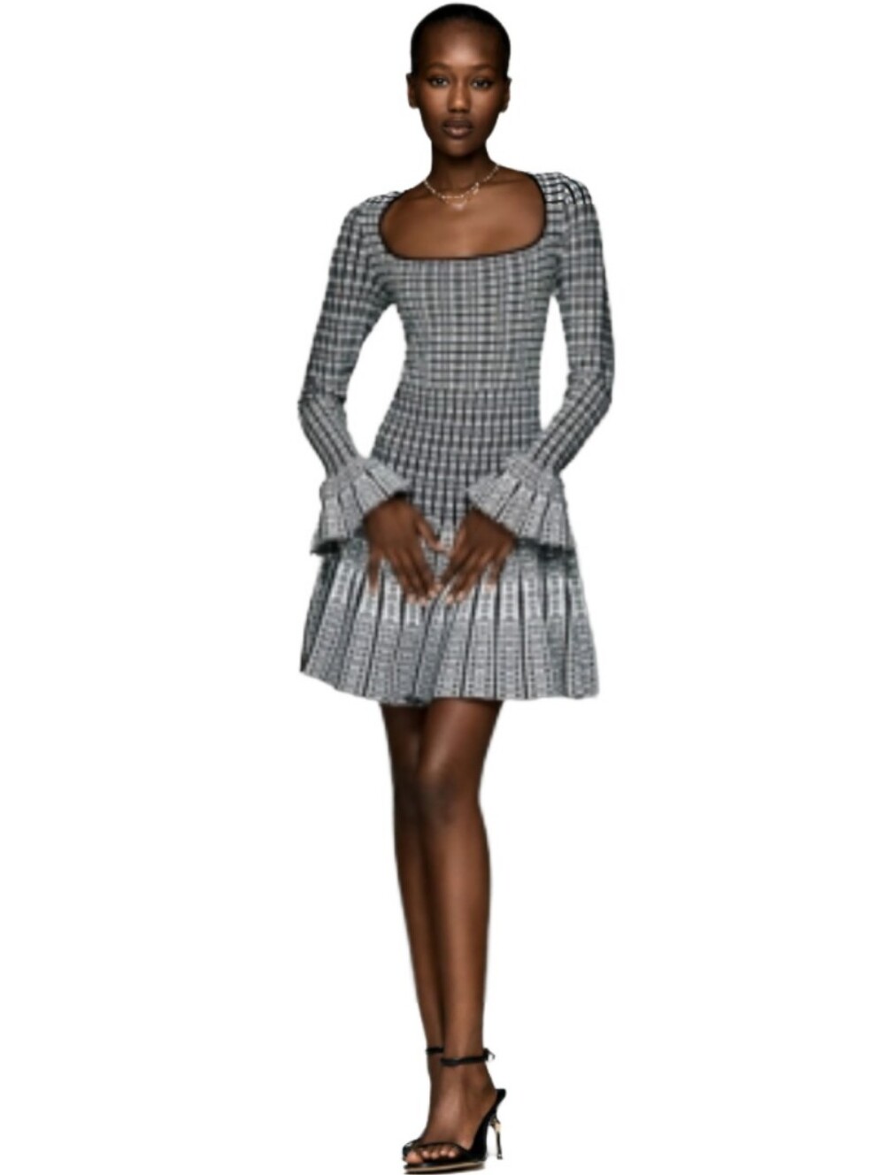 Anthropologie Black & White Pattern Scoop Neck Bell Sleeve Mini Dress Size: XXS